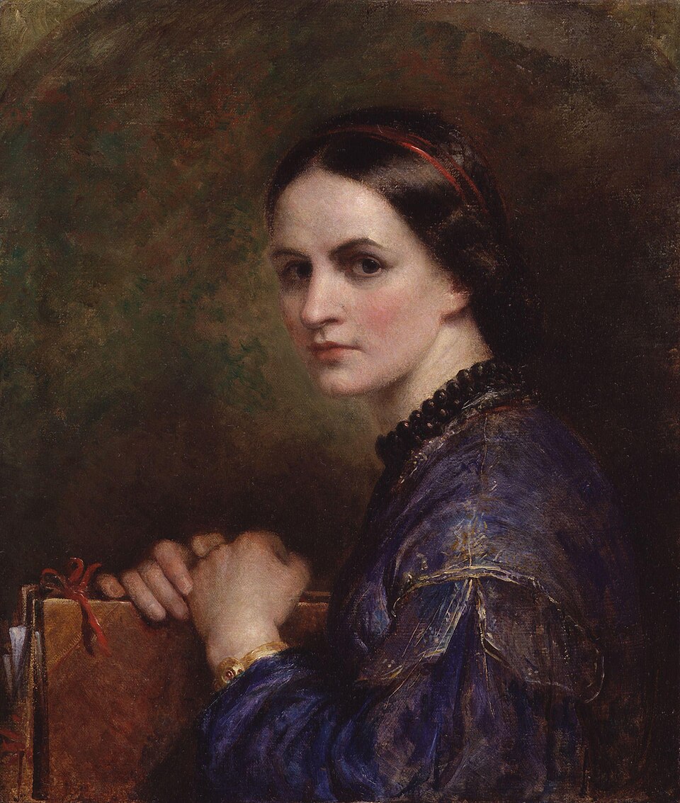 Old painting of a dark-haired woman sitting with her hands folded